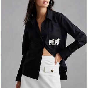 Anthropologie Maeve Small Puppy Dogs Patch Sleeve Shirt Black Office Career